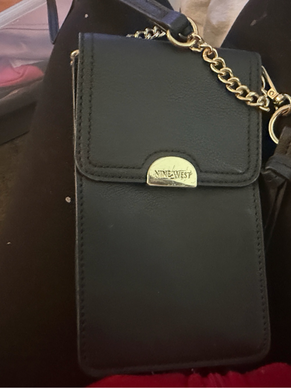 Nine West Black Leather-Look Wristlet with Gold Chain
